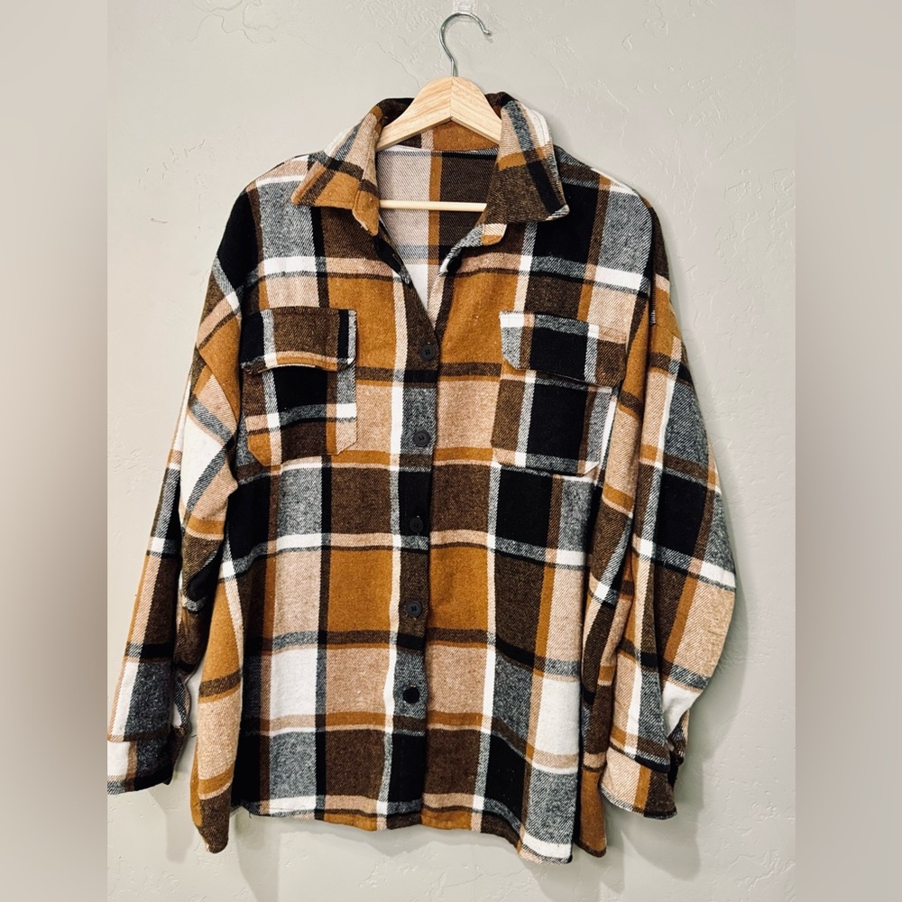 NWT Nine Britton Boyfriend Shacket Plaid Flannel Almond Brown Black SZ XL/XXL - Picture 7 of 16